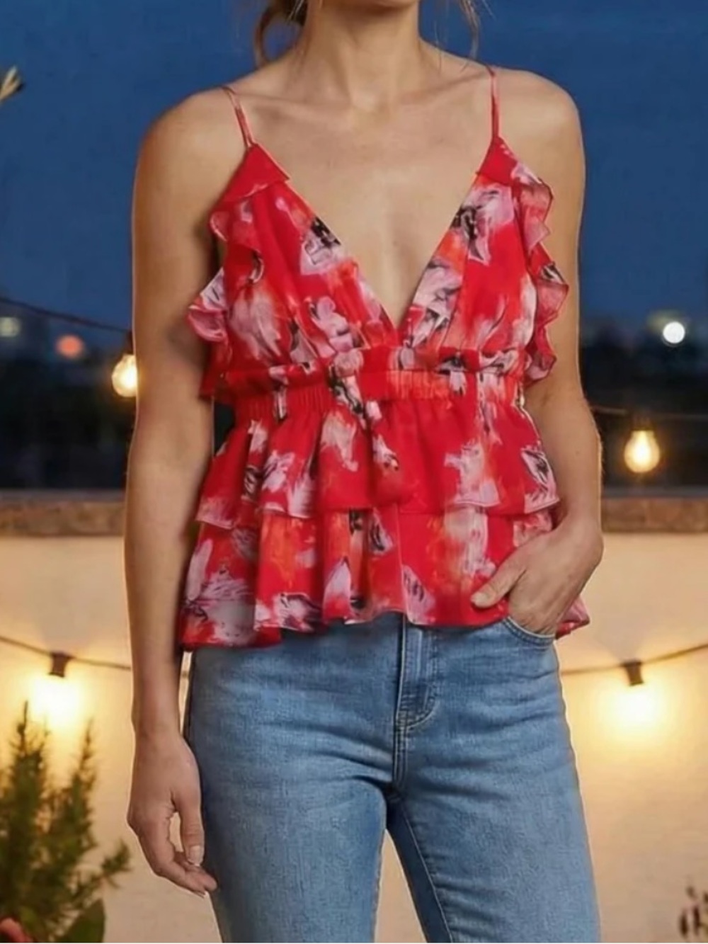 IRO Red Floral Ruffle Tiered Camisole